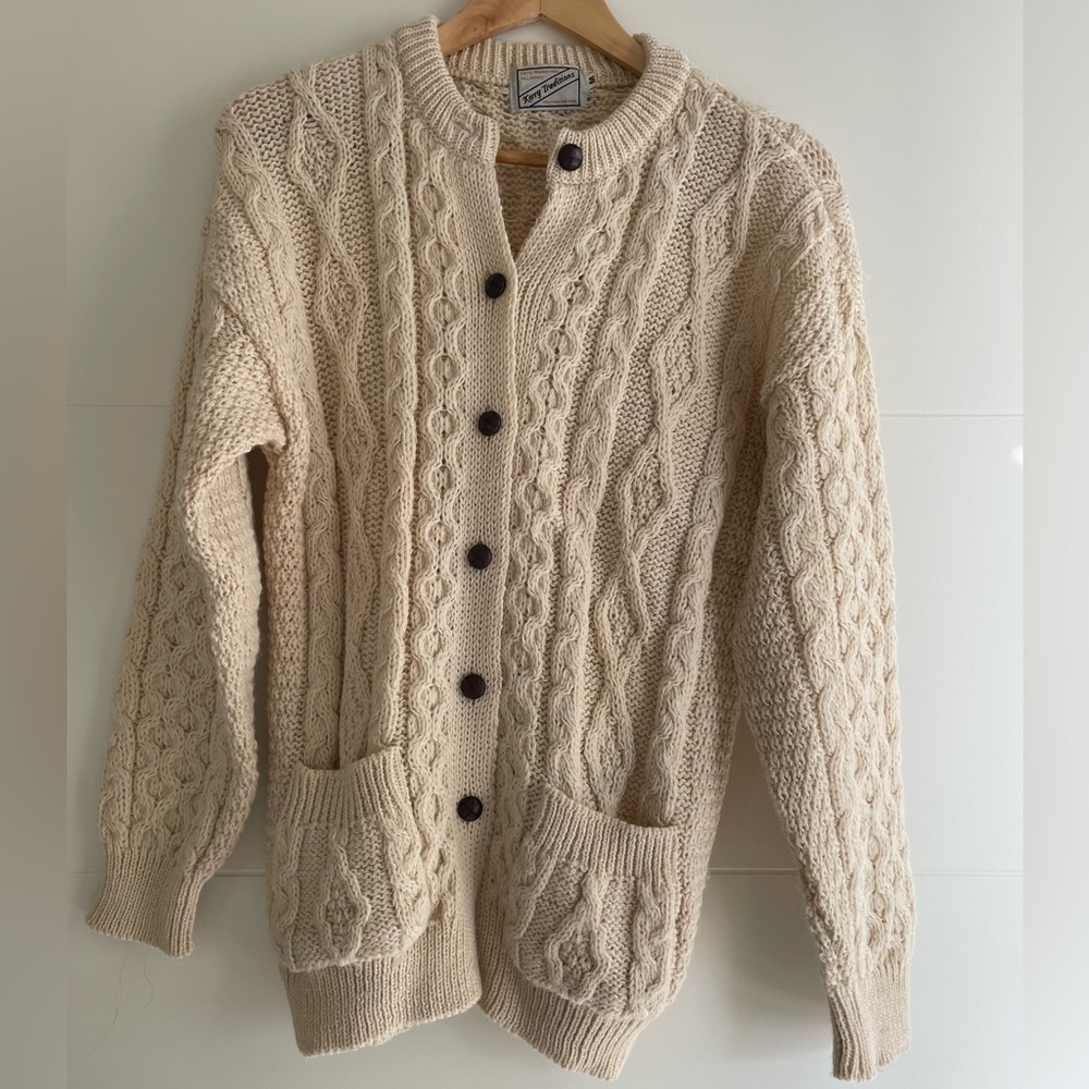 Cozy Cream hand knitted Irish wool 100% cardigan S/M